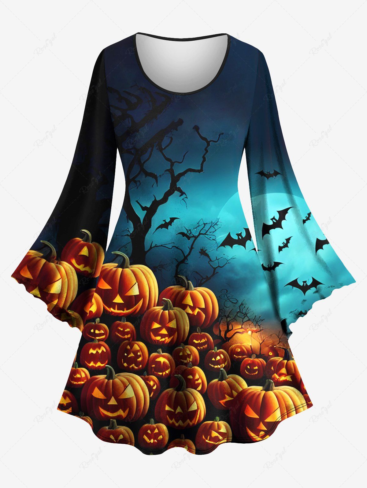 Hot Plus Size Pumpkin Lantern Bat Moon Tree Print Halloween Costume Ombre A Line Dress  