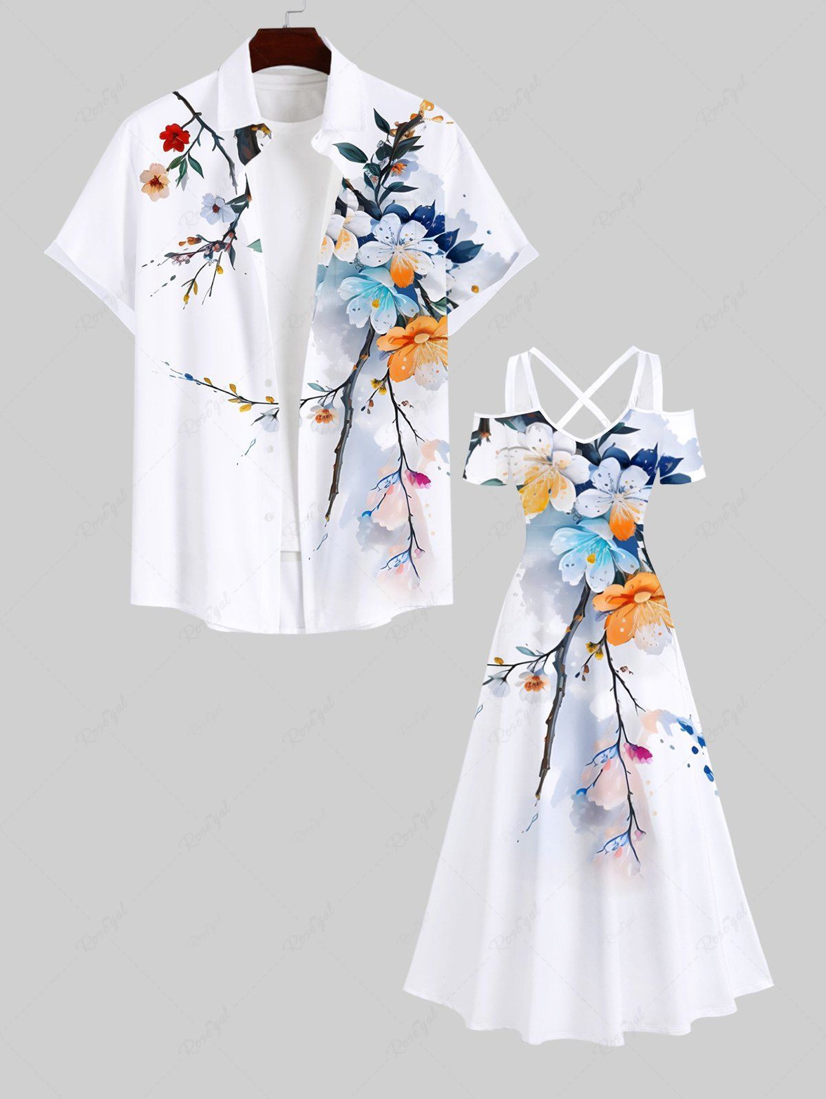 Hot Colorful Watercolor Floral Leaf Branch Print Plus Size Matching Hawaii Beach Outfit For Couples  
