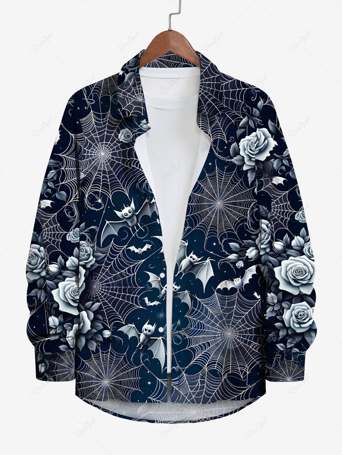 Trendy Plus Size Halloween Bat Spider Web Rose Flower Print Buttons Long Sleeve Shirt For Men  