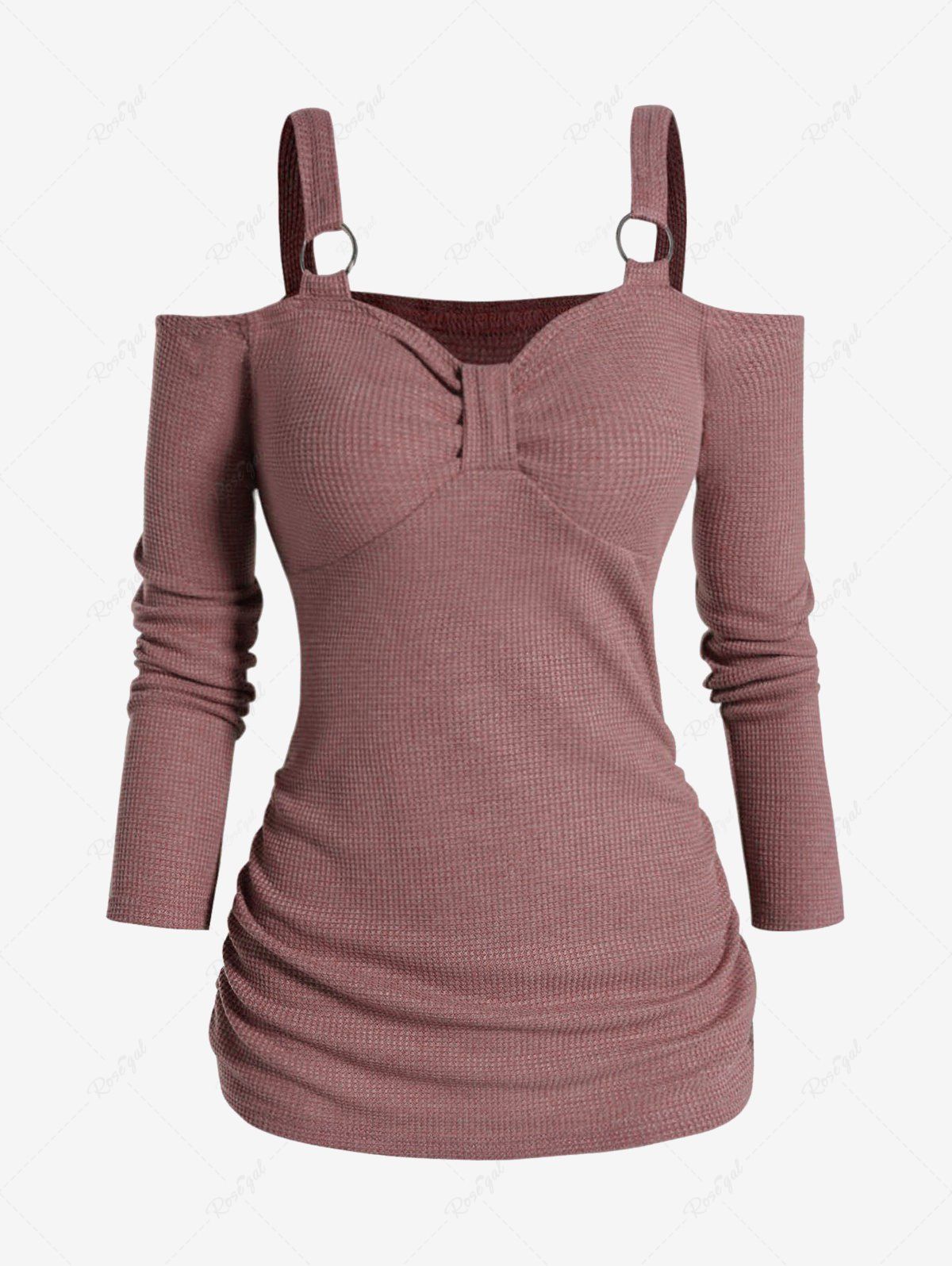 Best Plus Size O-ring Cold Shoulder Ruched Textured Long Sleeve Top  