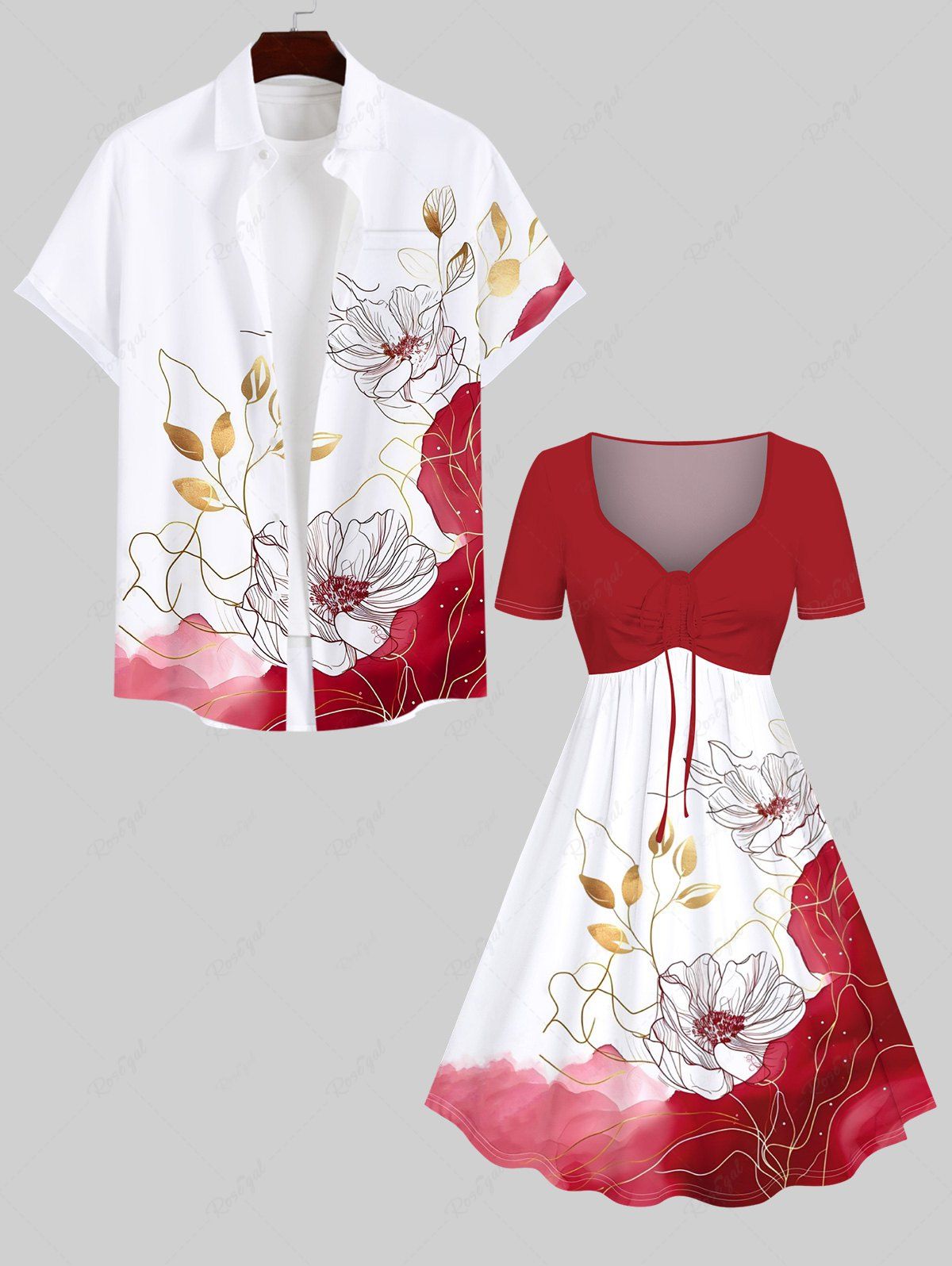 Trendy Line Floral Leaf Watercolor Colorblock Print Plus Size Matching Hawaii Beach Outfit For Couples  