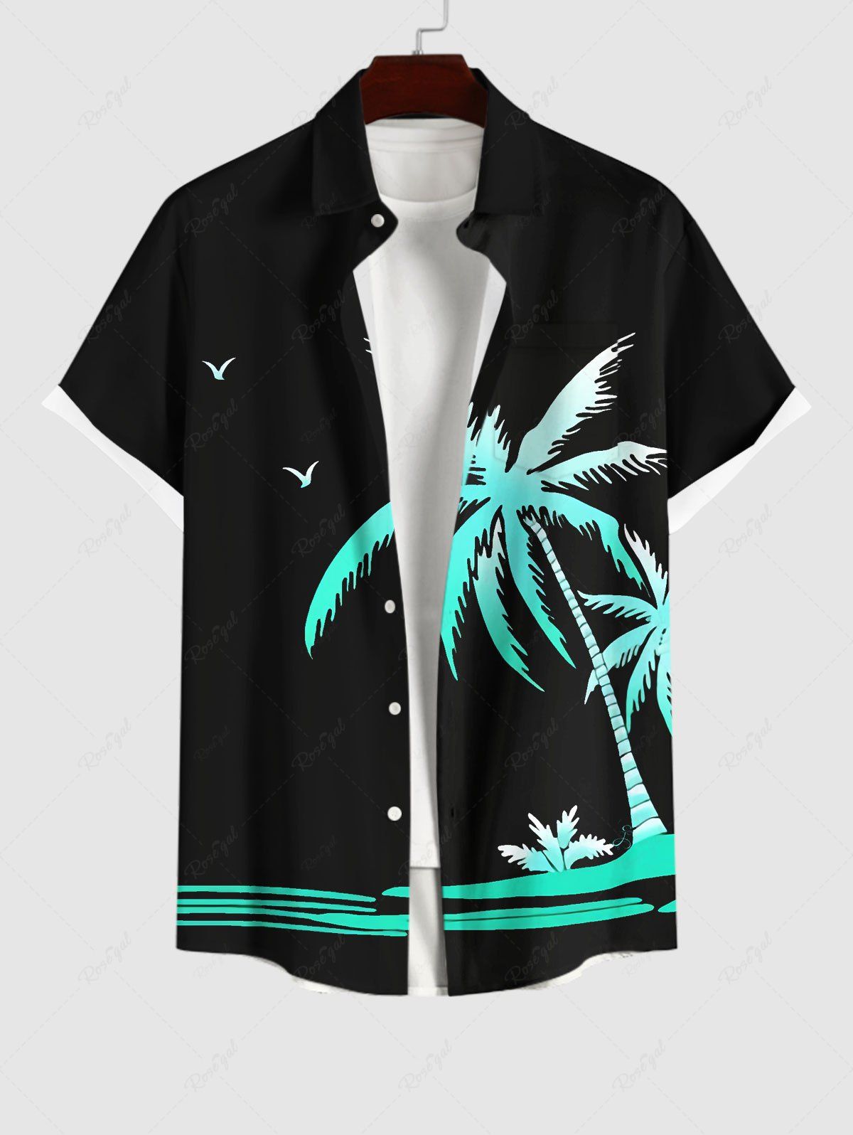 New Plus Size Coconut Tree Sea Bird Print Buttons Pocket Hawaii Shirt For Men  