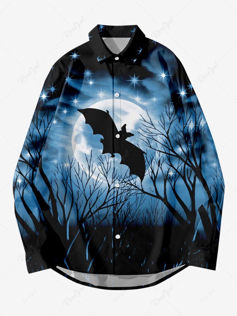 Store Plus Size Halloween Bat Star Moon Trees Print Buttons Pocket Long Sleeve Shirt For Men  