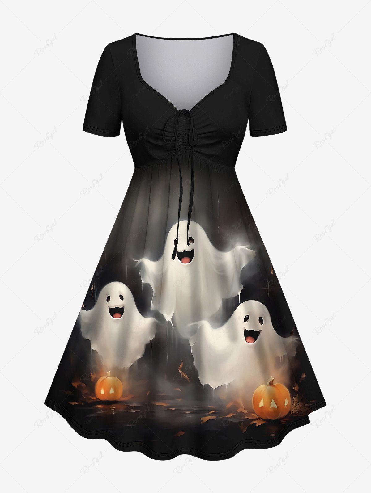 Trendy Plus Size Halloween Costume Ghost Pumpkin Print Cinched Dress  