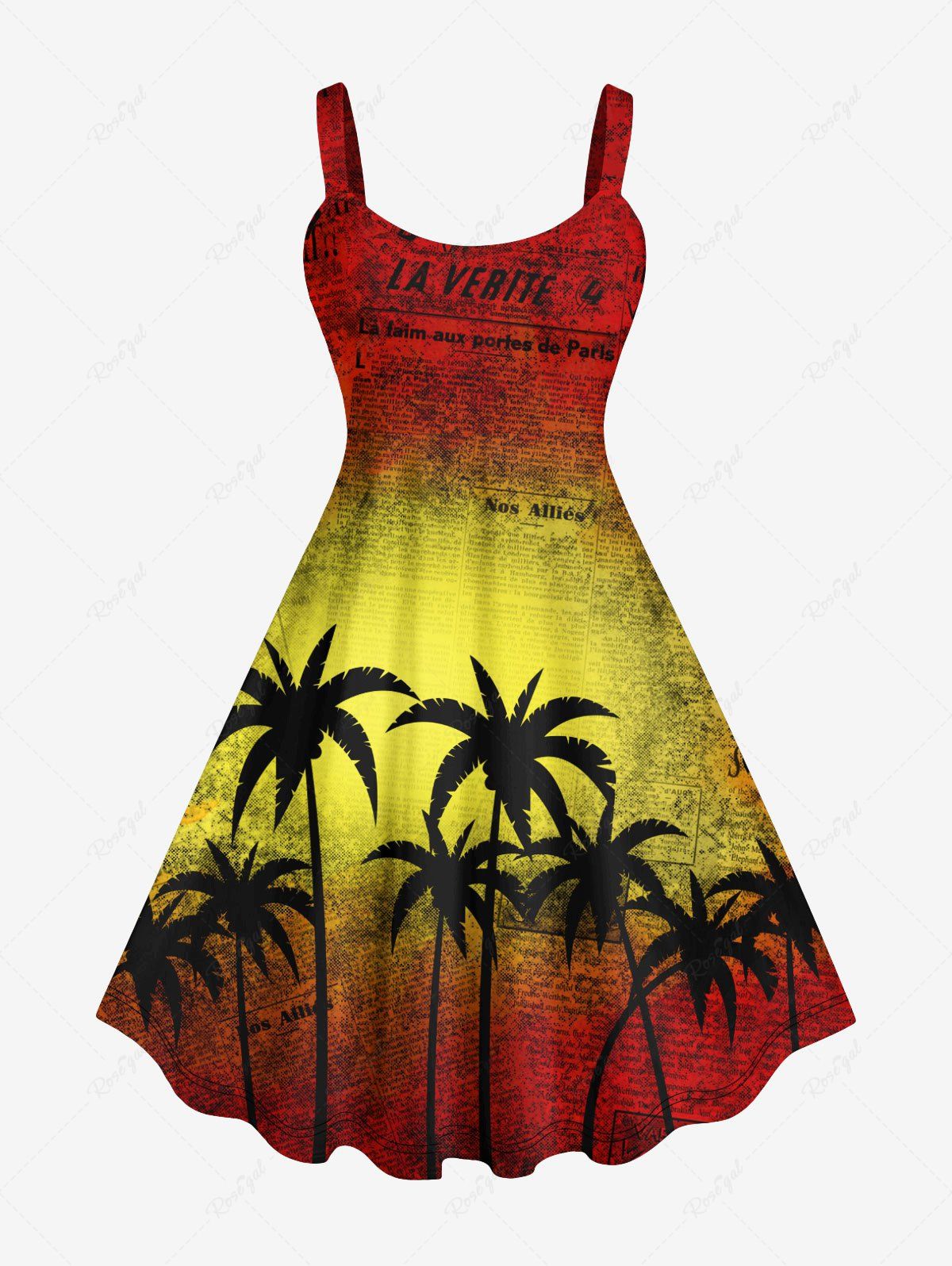 Trendy Plus Size Coconut Tree Ombre Colorblock Newspaper Print Hawaii Tank Dress  