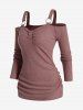 Plus Size O-ring Cold Shoulder Ruched Textured Long Sleeve Top -  