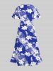 Plus Size Tropical Leaf Hibiscus Flower Two Tone Print Split Hawaii Midi Dress -  