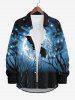 Plus Size Halloween Bat Star Moon Trees Print Buttons Pocket Long Sleeve Shirt For Men -  