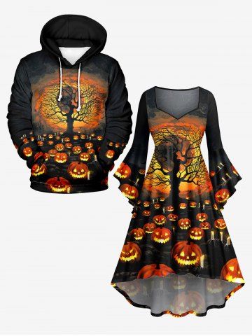 Halloween Costume Pumpkin Moon Tree Print Plus Size Matching Outfit For Couples