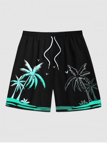 Plus Size Coconut Tree Sea Bird Print Hawaii Beach Shorts For Men - BLACK - M