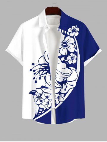 Chemise Fleur D'Hibiscus et Feuille Imprimées de Grande Taille avec Poche en Deux Couleurs