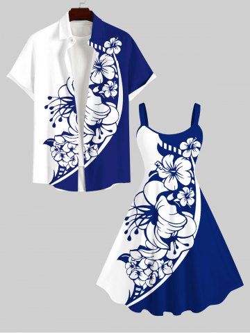 Plus Size Tripical Leaf Hibiscus Flower Two Tone Colorblock Print Hawaii Tank Dress