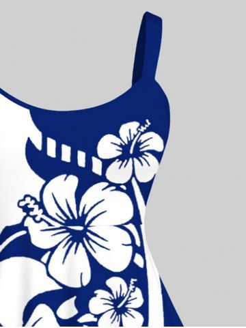 Plus Size Tripical Leaf Hibiscus Flower Two Tone Colorblock Print Hawaii Tank Dress