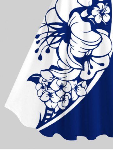 Plus Size Tripical Leaf Hibiscus Flower Two Tone Colorblock Print Hawaii Tank Dress