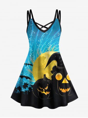 Plus Size Halloween Costume Hat Pumpkin Bat Moon Star Maple Leaf Print Crisscross Cami Dress - MULTI-A - XS