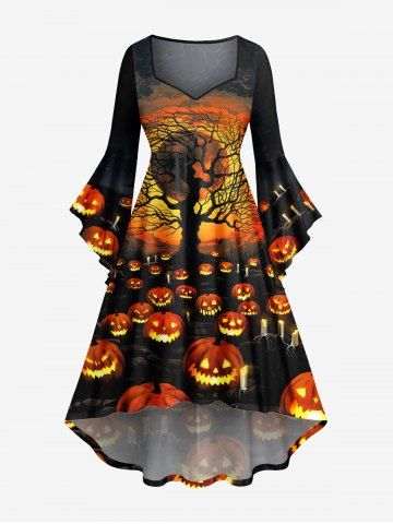 Plus Size Halloween Costume Pumpkin Moon Tree Print Flare Sleeve High Low Dress - BLACK - 1X