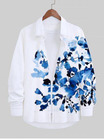 Plus Size Flowers Leaf Branch Watercolor Print Buttons Long Sleeve Hawaii Shirt For Men - WHITE - 5XL