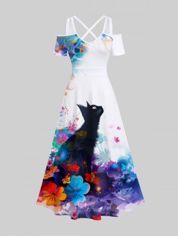 Plus Size Watercolor Floral Ink Painting Cat Print Hawaii Crisscross A Line Maxi Dress - WHITE - L