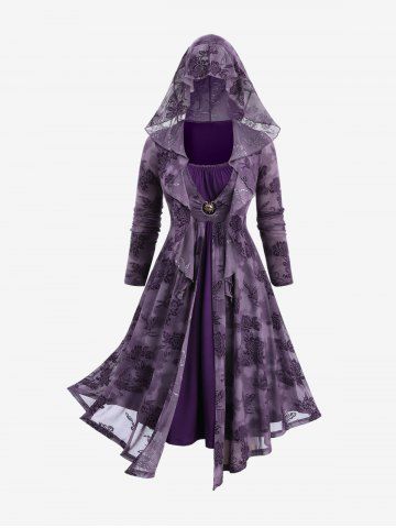 Plus Size Floral Butterfly Flocking Mesh Sun Buckle Lace Trim Ruched Ruffles Hooded Dress - PURPLE - L | US 12