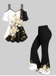 Glitter Painting Floral Leaf Colorblock Print Cami T-shirt and Flare Pants Plus Size Matching Set -  