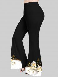 Pantalon Evasé Peinture Feuille Fleuri Imprimé en Blocs de Couleurs Grande Taille à Paillettes - Noir 5X