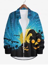 Plus Size Halloween Hat Pumpkin Bat Moon Star Maple Leaf Print Buttons Long Sleeve Shirt For Men -  