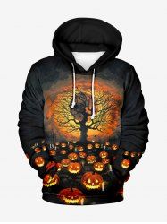 Sweat-Shirt à Capuche à Imprimé Citrouille D'Halloween et Arbre avec Cordon de Serrage Grande-Taille pour Hommes - Noir XL
