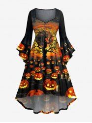 Robe Haute Basse Citrouille Lune et Arbre Imprimés à Manches Evasées de Grande Taille - Noir XS