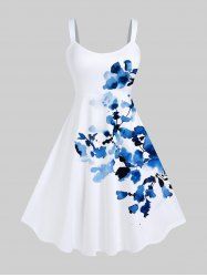 Plus Size Flowers Leaf Branch Watercolor Print Hawaii Tank Dress -  