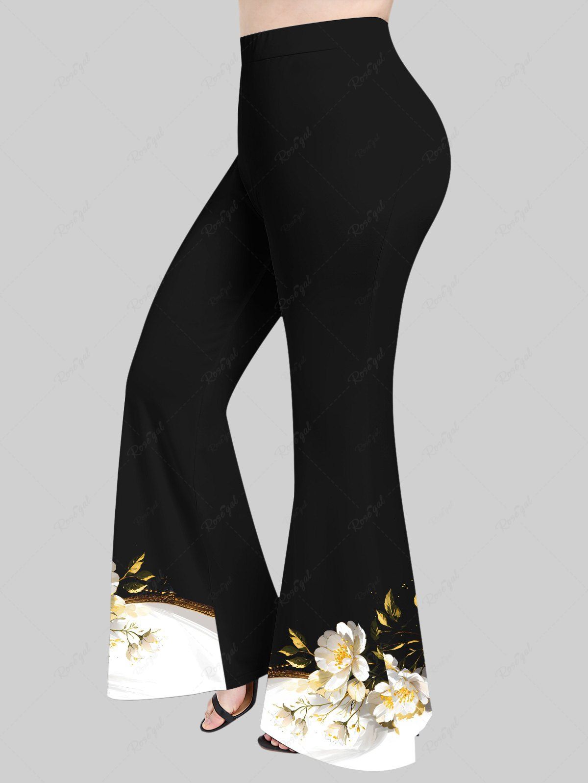 Pantalon Evasé Peinture Feuille Fleuri Imprimé en Blocs de Couleurs Grande Taille à Paillettes Noir S
