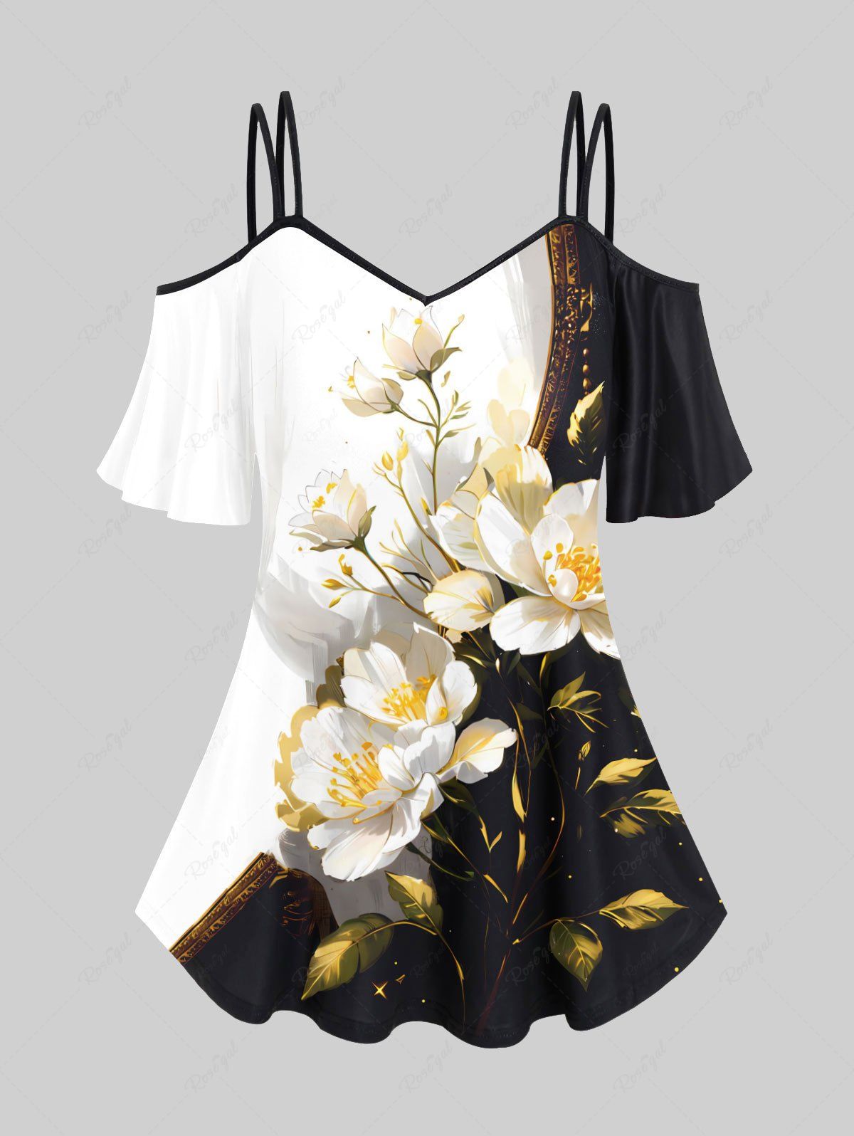 Online Plus Size Cold Shoulder Glitter Painting Floral Leaf Colorblock Print Cami T-shirt  