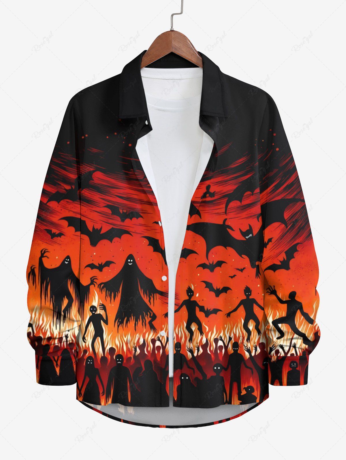 Chic Plus Size Ghost Wizard Bat Fire Flame Spiral Sky Print Halloween Button Shirt For Men  