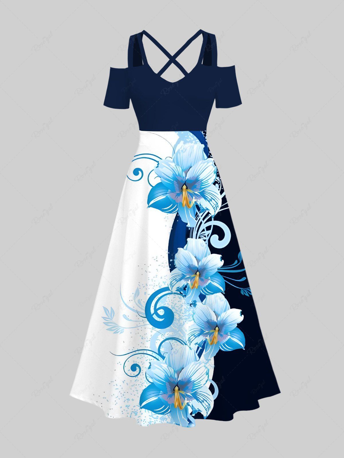 Fancy Plus Size Curve Floral Painting Splatter Print Hawaii Crisscross A Line Maxi Dress  