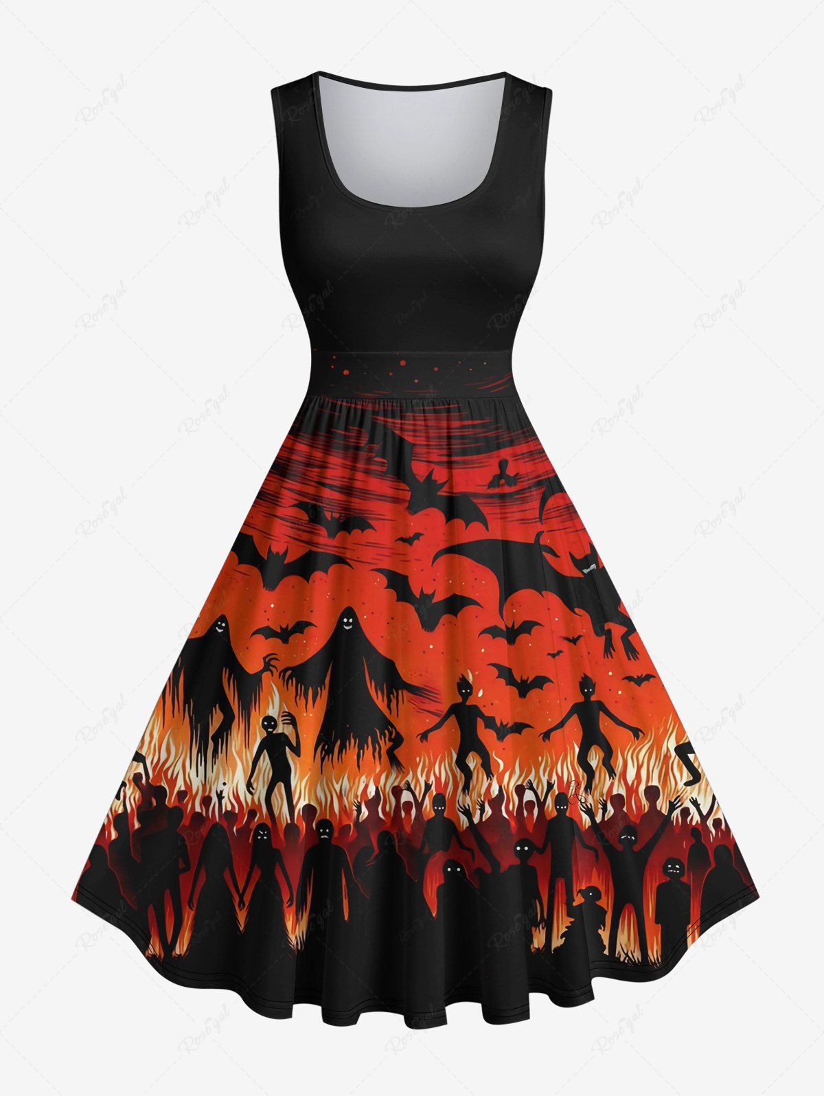 Shop Plus Size Ghost Wizard Bat Fire Flame Spiral Sky Print Halloween Costume Vintage Swing A Line Dress  