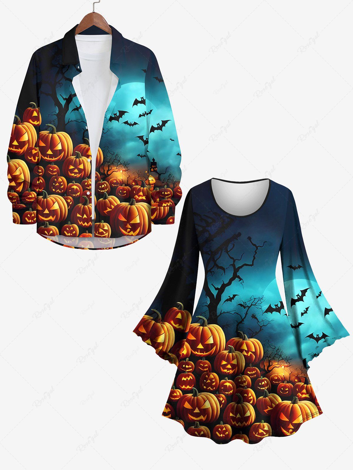 Online Halloween Costume Pumpkin Lantern Bat Moon Tree Print Plus Size Matching Set For Couples  