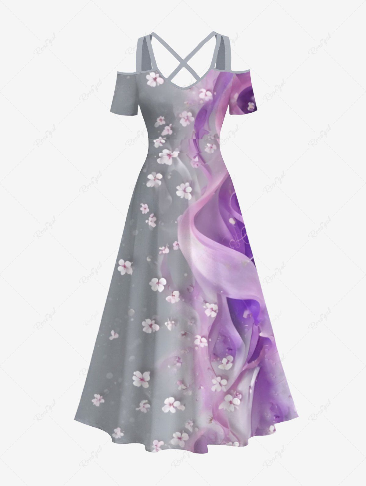 Unique Plus Size Floral Curve Smoke Print Hawaii Crisscross A Line Maxi Dress  