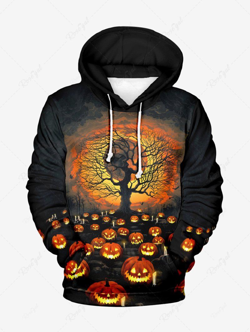 Sweat-Shirt à Capuche à Imprimé Citrouille D'Halloween et Arbre avec Cordon de Serrage Grande-Taille pour Hommes Noir XL