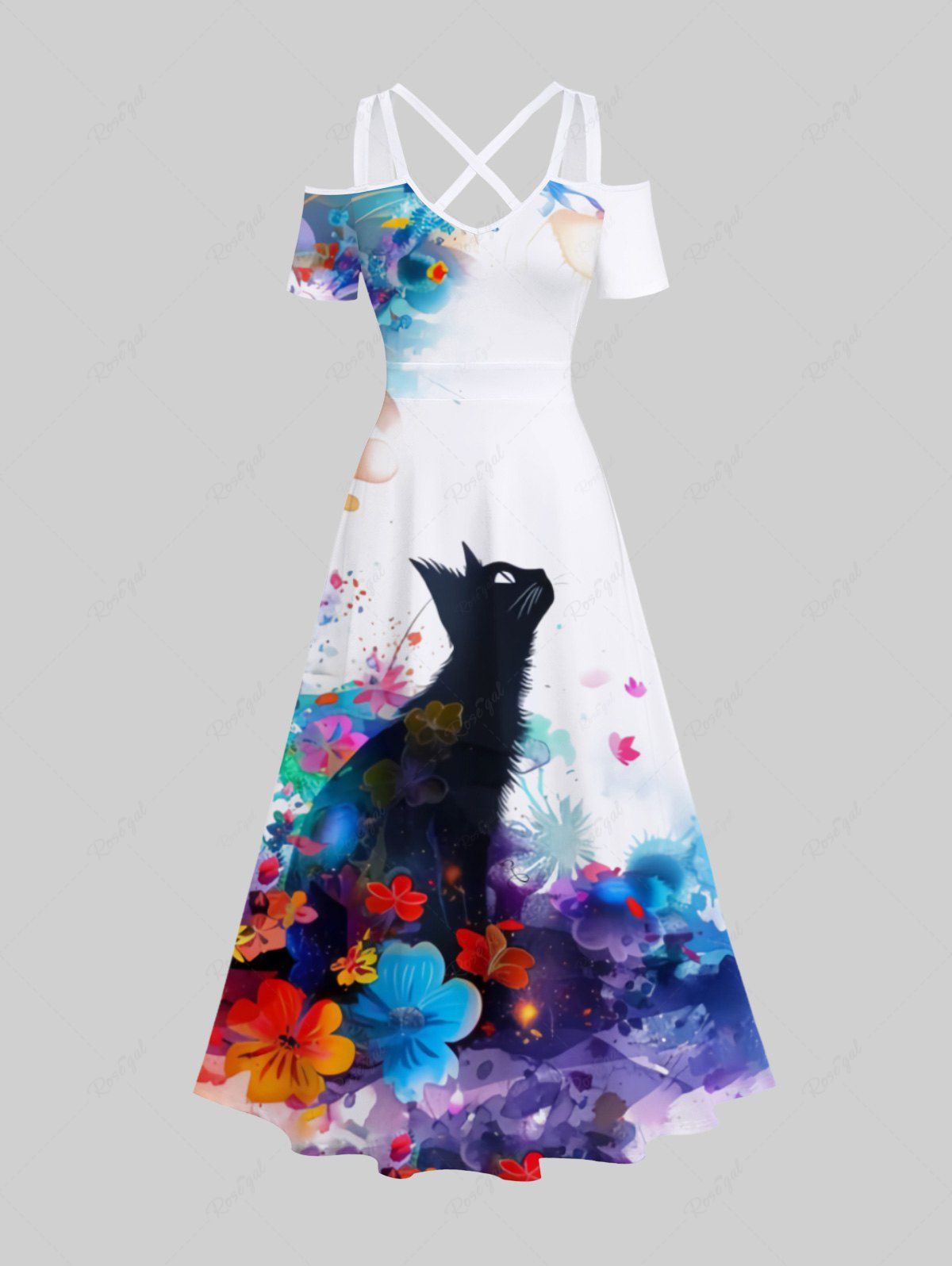 Outfit Plus Size Watercolor Floral Ink Painting Cat Print Hawaii Crisscross A Line Maxi Dress  