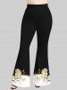 Pantalon Evasé Peinture Feuille Fleuri Imprimé en Blocs de Couleurs Grande Taille à Paillettes - Noir 5X