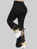 Pantalon Evasé Peinture Feuille Fleuri Imprimé en Blocs de Couleurs Grande Taille à Paillettes - Noir 6X