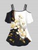 Plus Size Cold Shoulder Glitter Painting Floral Leaf Colorblock Print Cami T-shirt -  