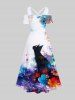 Plus Size Watercolor Floral Ink Painting Cat Print Hawaii Crisscross A Line Maxi Dress -  