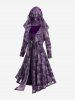 Plus Size Floral Butterfly Flocking Mesh Sun Buckle Lace Trim Ruched Ruffles Hooded Dress -  