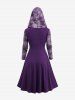 Plus Size Floral Butterfly Flocking Mesh Sun Buckle Lace Trim Ruched Ruffles Hooded Dress -  
