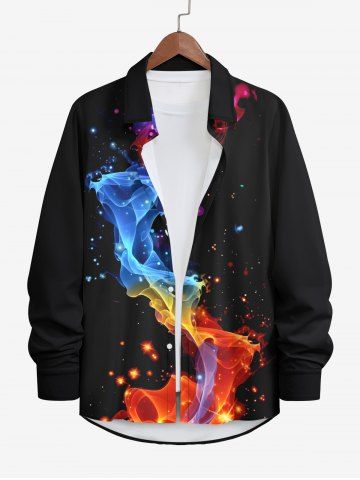 Plus Size Glitter Sparkling Colorful Smoke Ribbon Light Beam Print Hawaii Button Shirt For Men - BLACK - 8XL