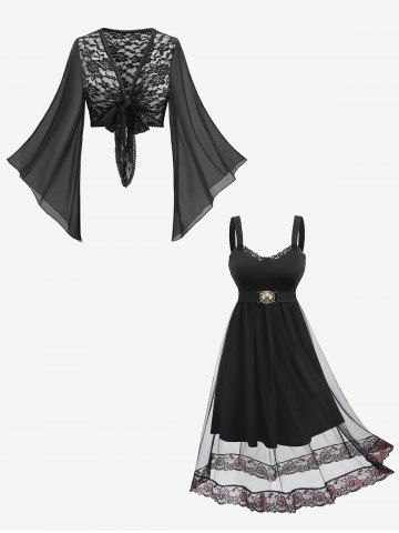 Rose Flower Lace Knotted Bolero Top and Mesh Overlay Shell Buckle Dress Plus Size Outfit