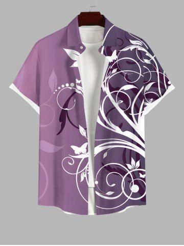 Plus Size Curve Floral Butterfly Print Hawaii Ombre Button Pocket Shirt For Men - PURPLE - 3XL