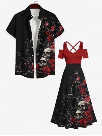 Halloween Costume Rose Flower Skulls Print Plus Size Matching Outfit For Couples - BLACK