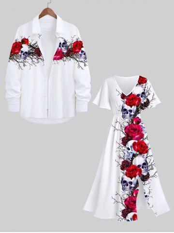 Halloween Costume Rose Flowers Skulls Print Plus Size Matching Outfit For Couples - WHITE