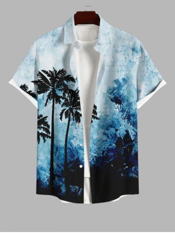 Plus Size Coconut Tree Oil Painting Ombre Print Buttons Pocket Hawaii Shirt For Men